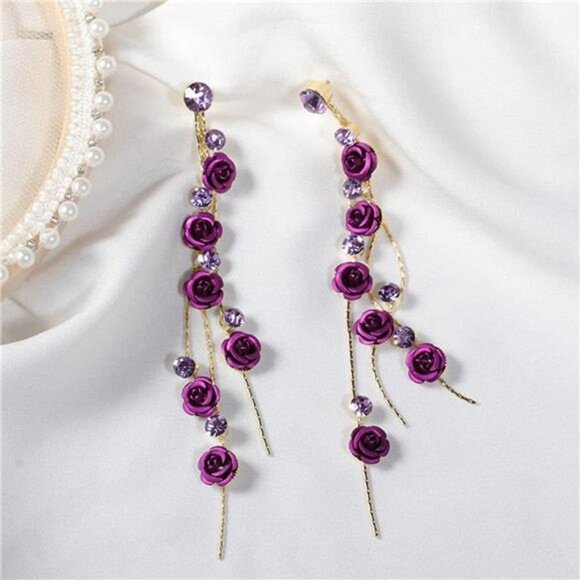 3D Rose Flower Crystal Long Tassel Drop Earrings - Picture 4 of 6